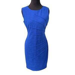 Calvin Klein Sheath Dress Women 2P Royal Blue Pleated Sleeveless Round Neck
